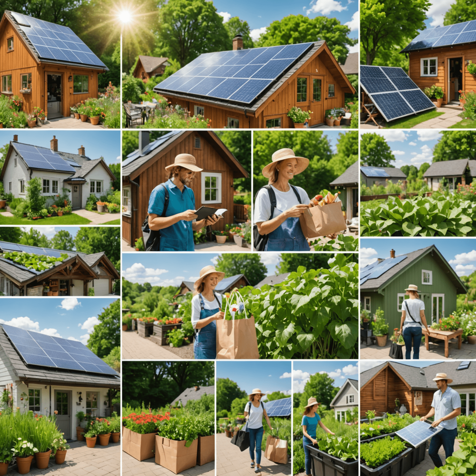 A collage of eco-friendly lifestyle images, including a person shopping with reusable bags, solar panels on a roof, and a lush green garden