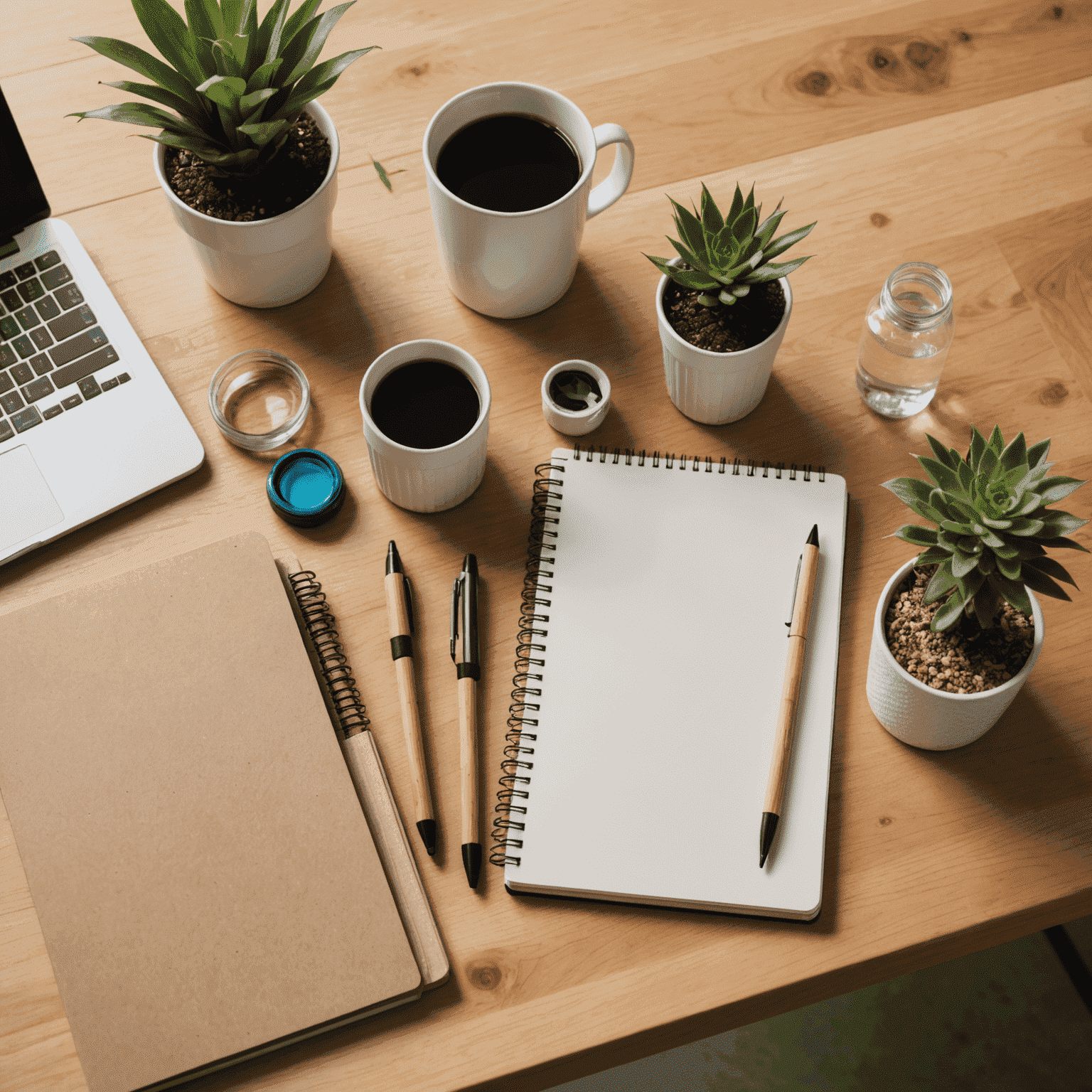 Eco-friendly office supplies including recycled paper notebooks, bamboo pens, and reusable water bottles arranged on a wooden desk with a small potted plant