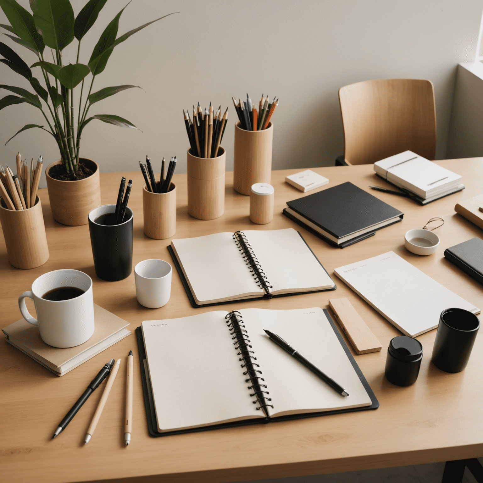 A modern Japanese office space with various eco-friendly office supplies prominently displayed, including recycled paper notebooks, bamboo pens, and reusable water bottles