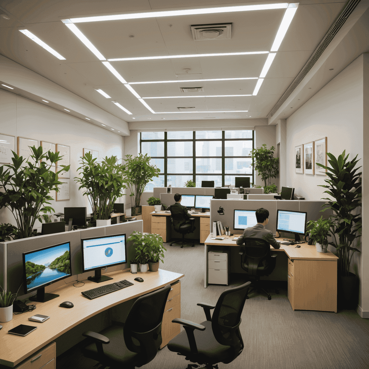 A modern Japanese office space with energy-efficient lighting, plants, and employees working at desks with energy-saving computer monitors