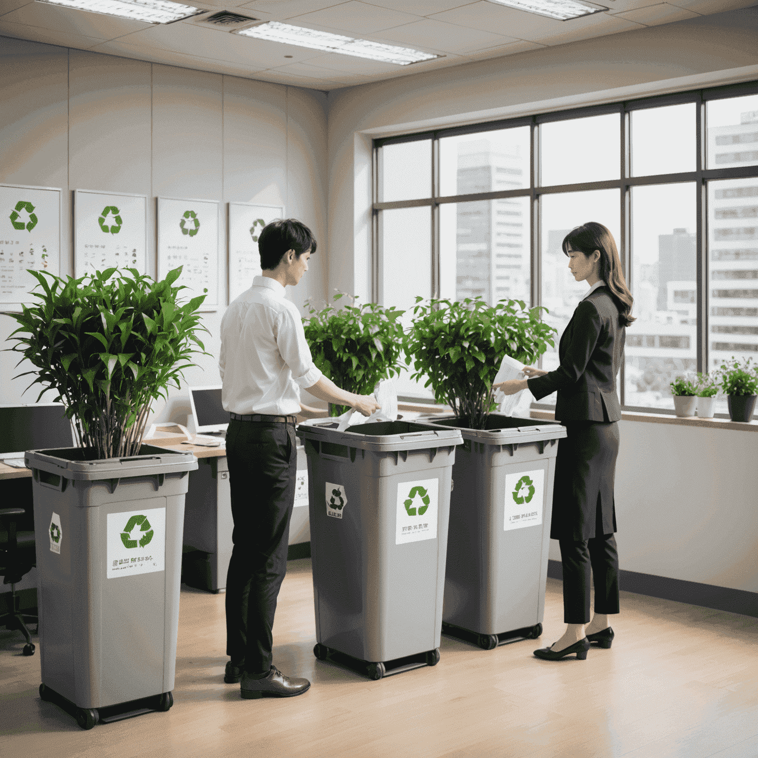 Japanese office workers sorting waste into different recycling bins, with clear labels in Japanese and English. The office has a modern, minimalist design with plants and natural light.