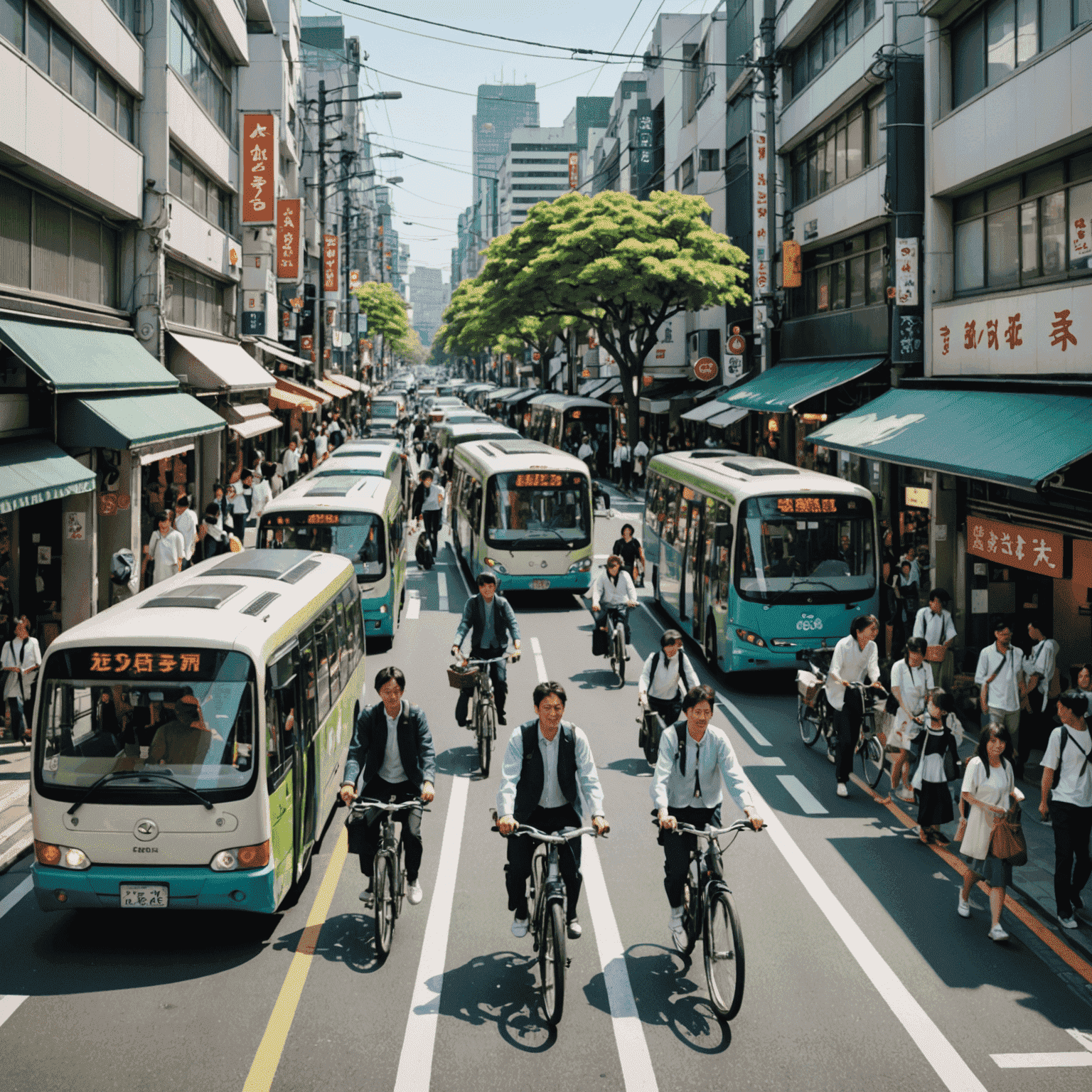 A busy Japanese street with various eco-friendly transportation options, including bicycles, electric buses, and people walking