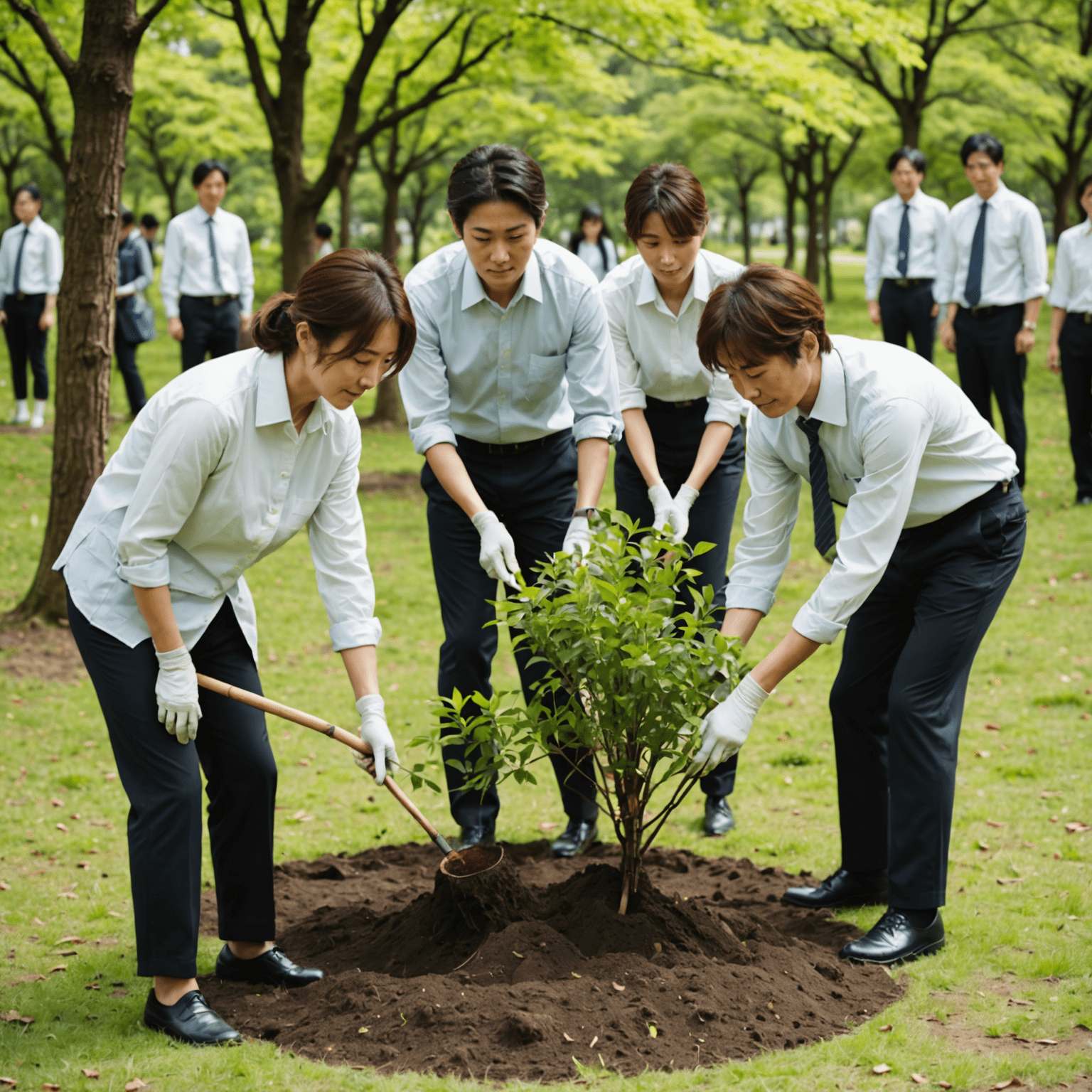 Japanese office workers participating in an eco-friendly team-building activity, planting trees in a nearby park