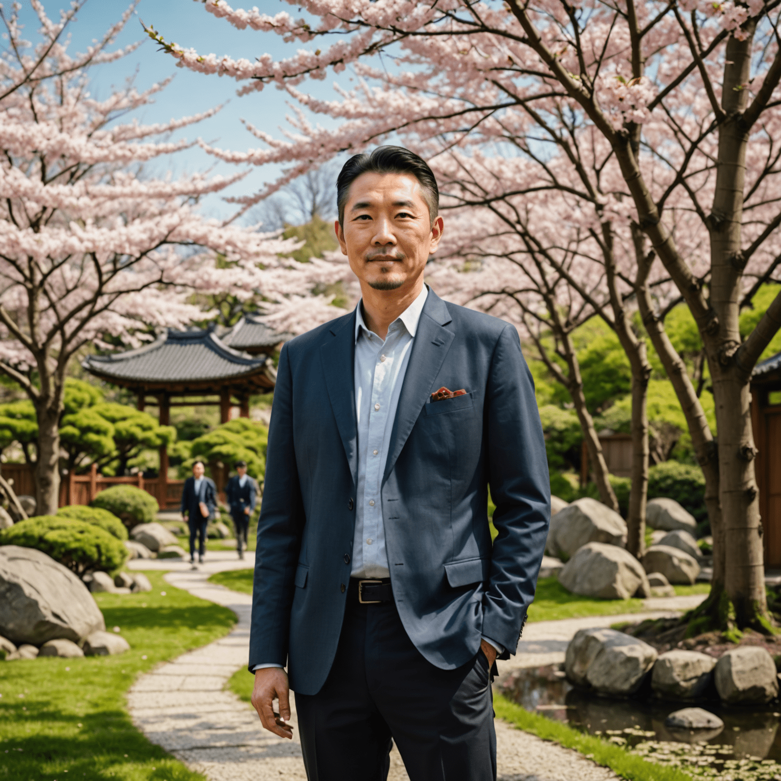 Akira Tanaka, founder of GreenLiving Hub, standing in a Japanese garden with bamboo and cherry blossoms in the background