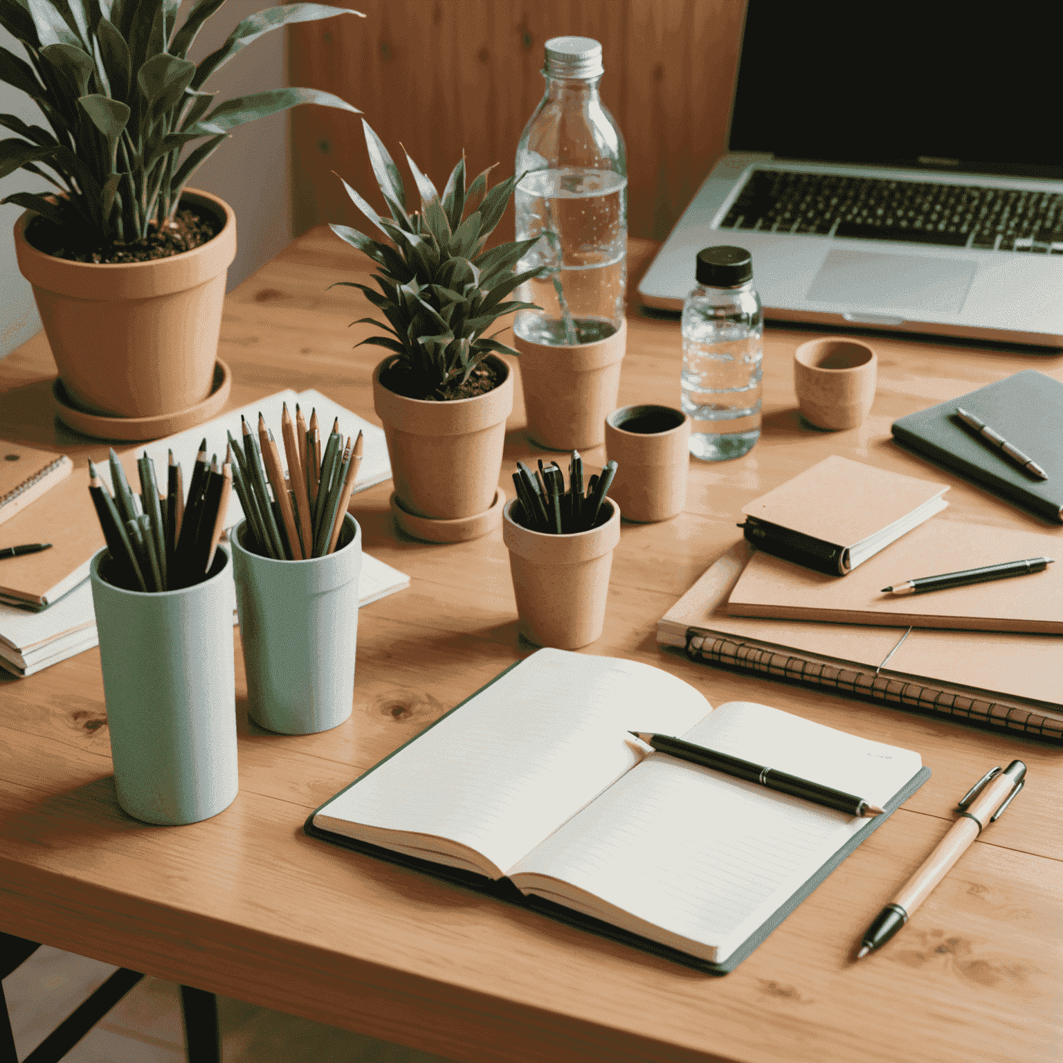 Various eco-friendly office supplies including recycled paper notebooks, bamboo pens, and reusable water bottles arranged on a wooden desk with a potted plant in the background