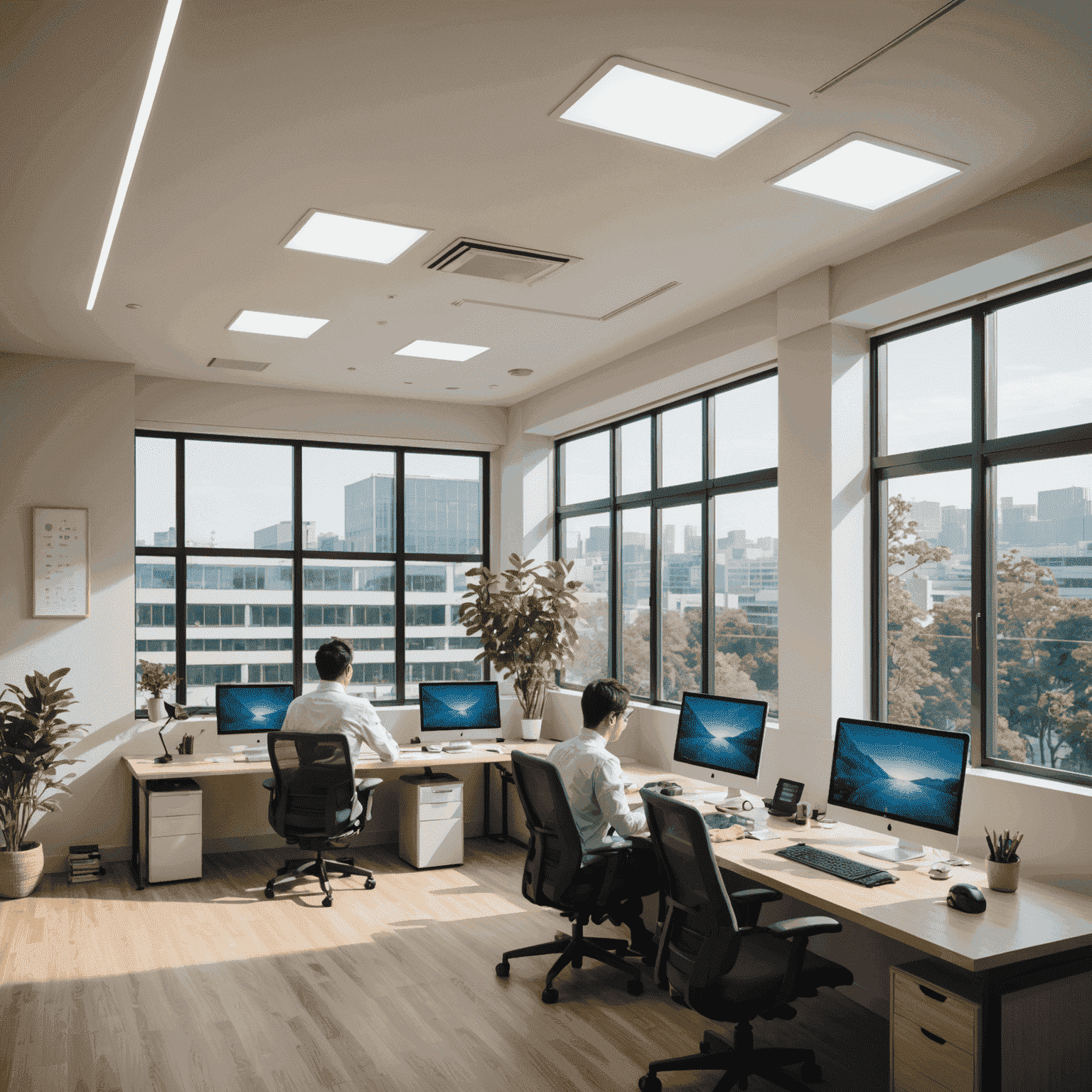 Japanese office with energy-efficient LED lighting, smart thermostats, and employees using laptops in a naturally lit space with large windows