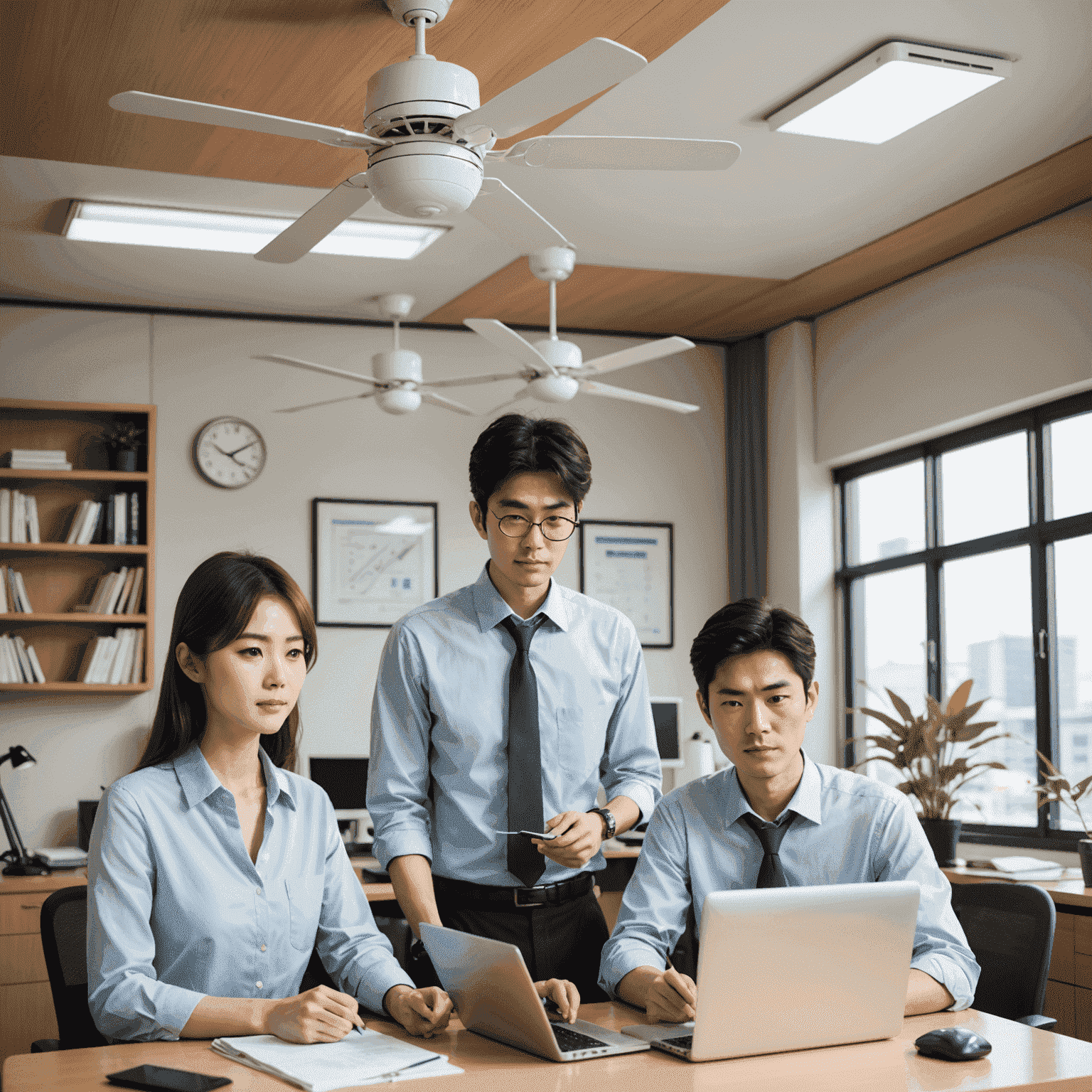 Japanese office workers in Cool Biz attire working comfortably with ceiling fans and energy-efficient air conditioning