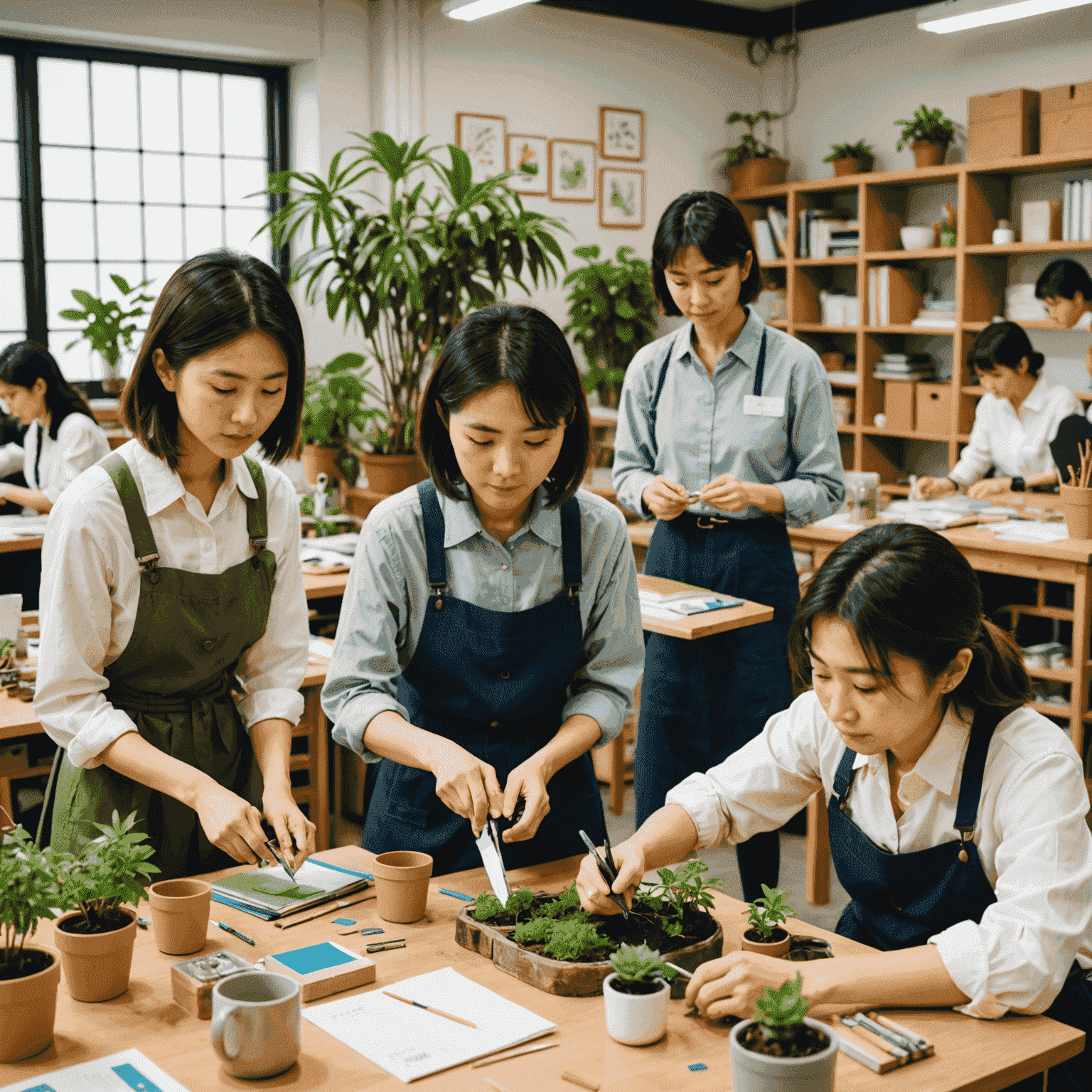 A group of Japanese office workers participating in an upcycling workshop, creating decorative items from old office supplies. The room is bright and filled with plants, showcasing the finished upcycled products.