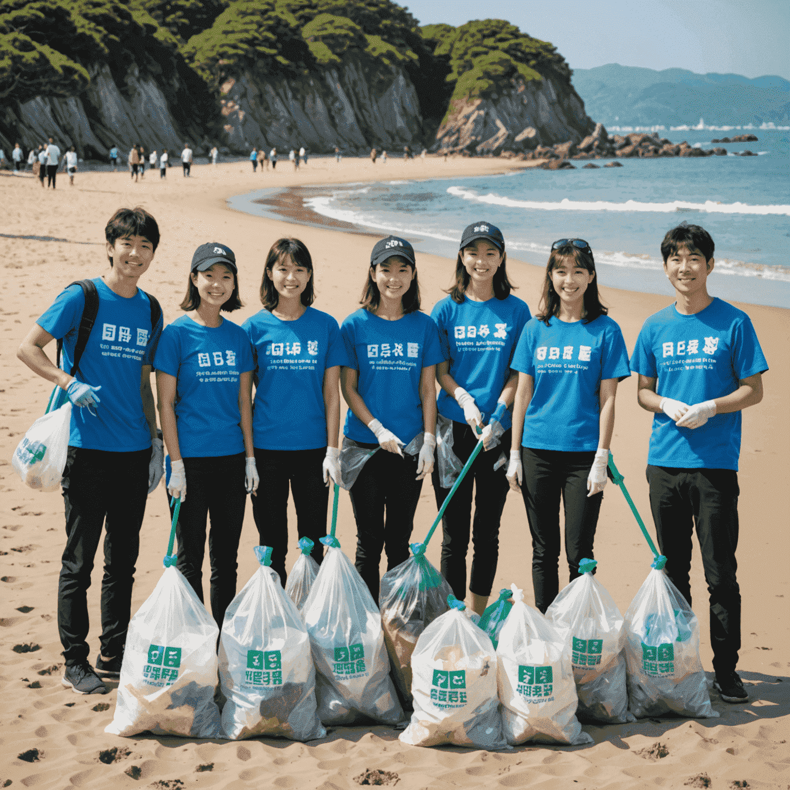 A group of Japanese office workers participating in a local beach clean-up, wearing company t-shirts and collecting trash in biodegradable bags