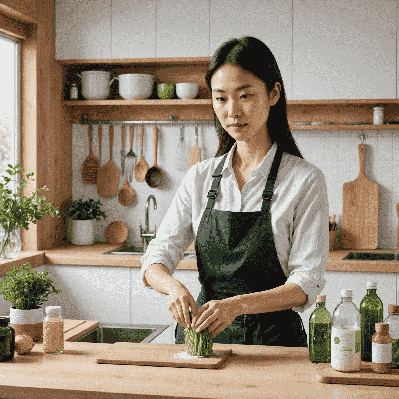 Yuki Sato, eco-lifestyle consultant, demonstrating how to create natural cleaning products in a minimalist, eco-friendly kitchen