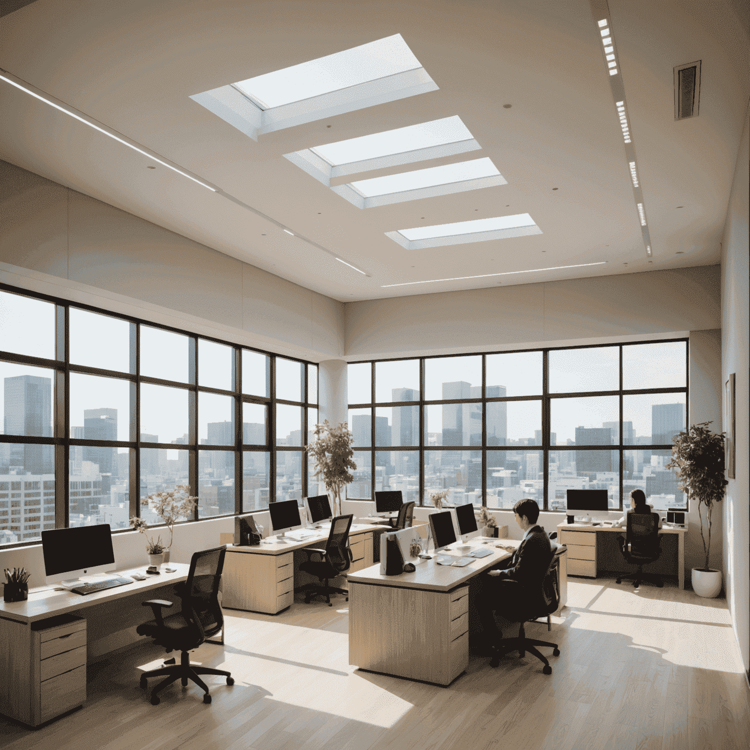 A modern Japanese office space with energy-efficient LED lighting, smart thermostats, and employees using laptops in a well-lit area with large windows for natural light