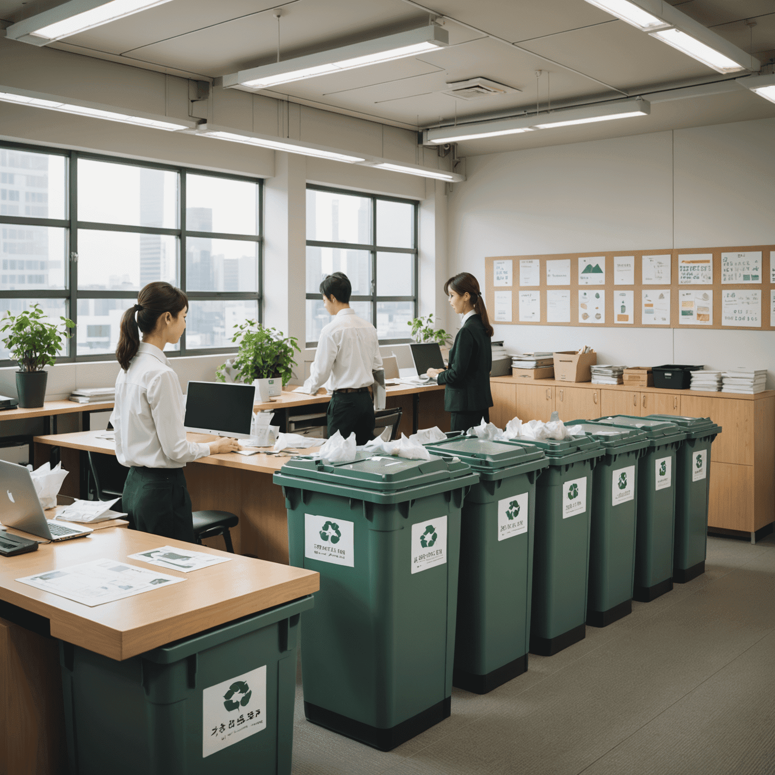 Japanese office with clearly labeled recycling bins for different materials, compost collection area, and employees sorting waste