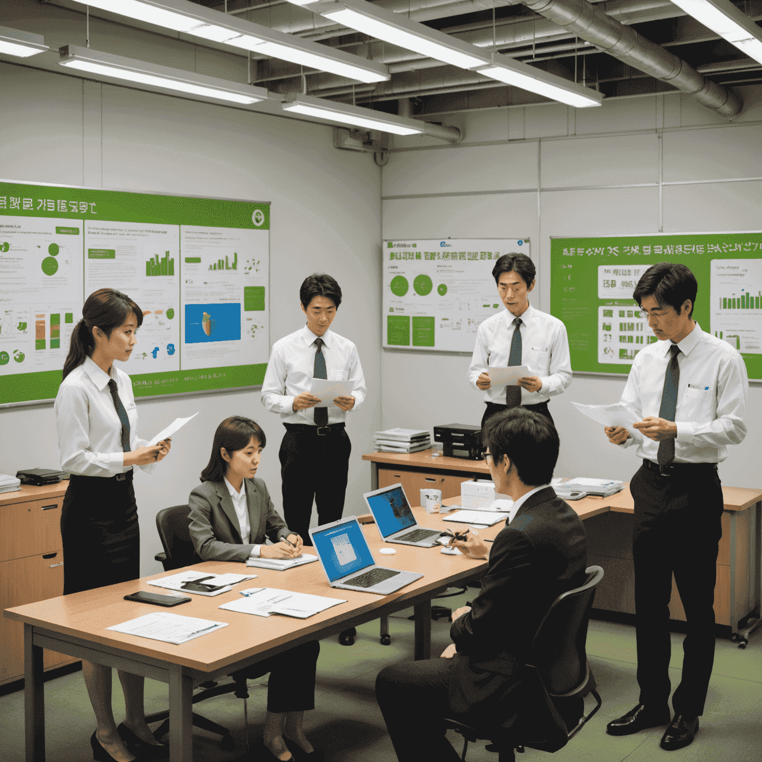 Japanese office workers participating in an energy-saving workshop, with eco-friendly posters and a real-time energy consumption display in the background