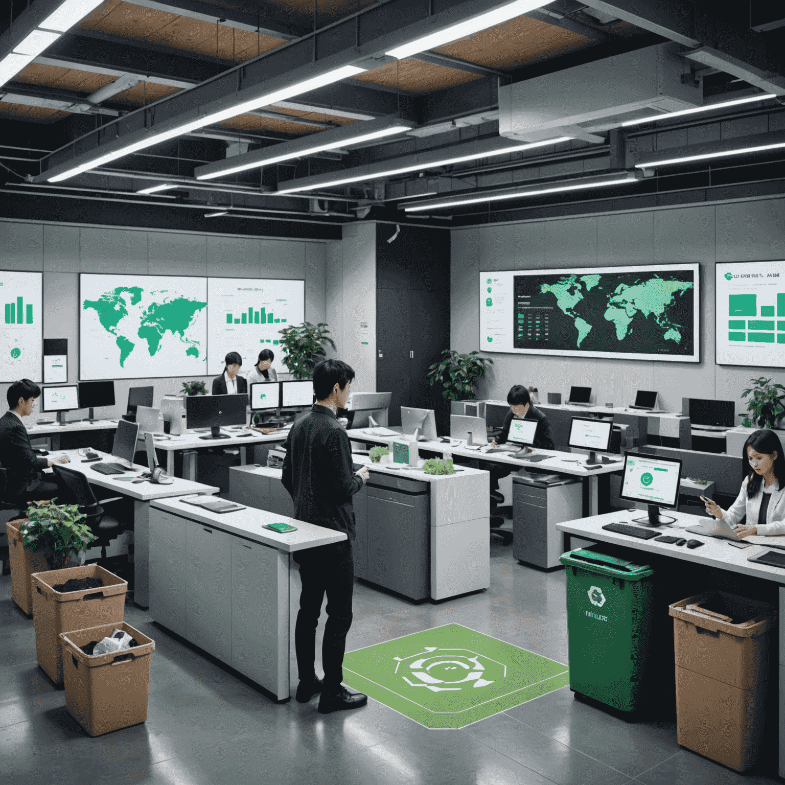 A futuristic Japanese office space with smart waste management systems. AI-powered sorting bins, employees using waste tracking apps on smartphones, and a large screen displaying real-time recycling statistics.