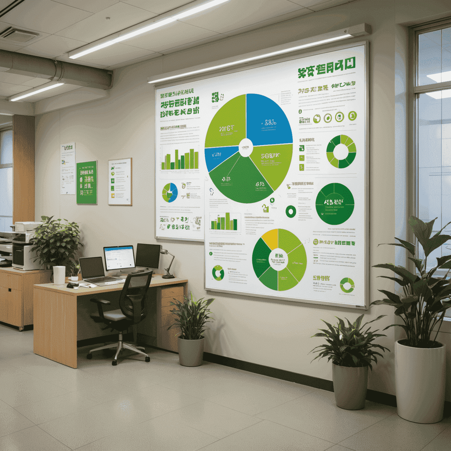 A Japanese office space with an eco-awareness campaign poster displayed prominently, featuring infographics about energy conservation and waste reduction in both Japanese and English