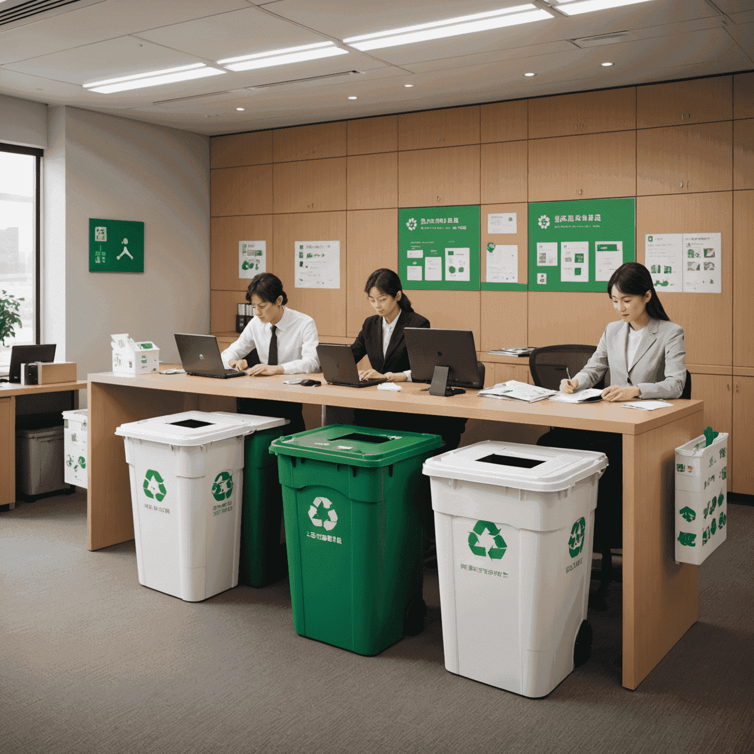 A Japanese office setting with clearly labeled recycling bins for different materials, compost collection points, and employees actively participating in waste sorting