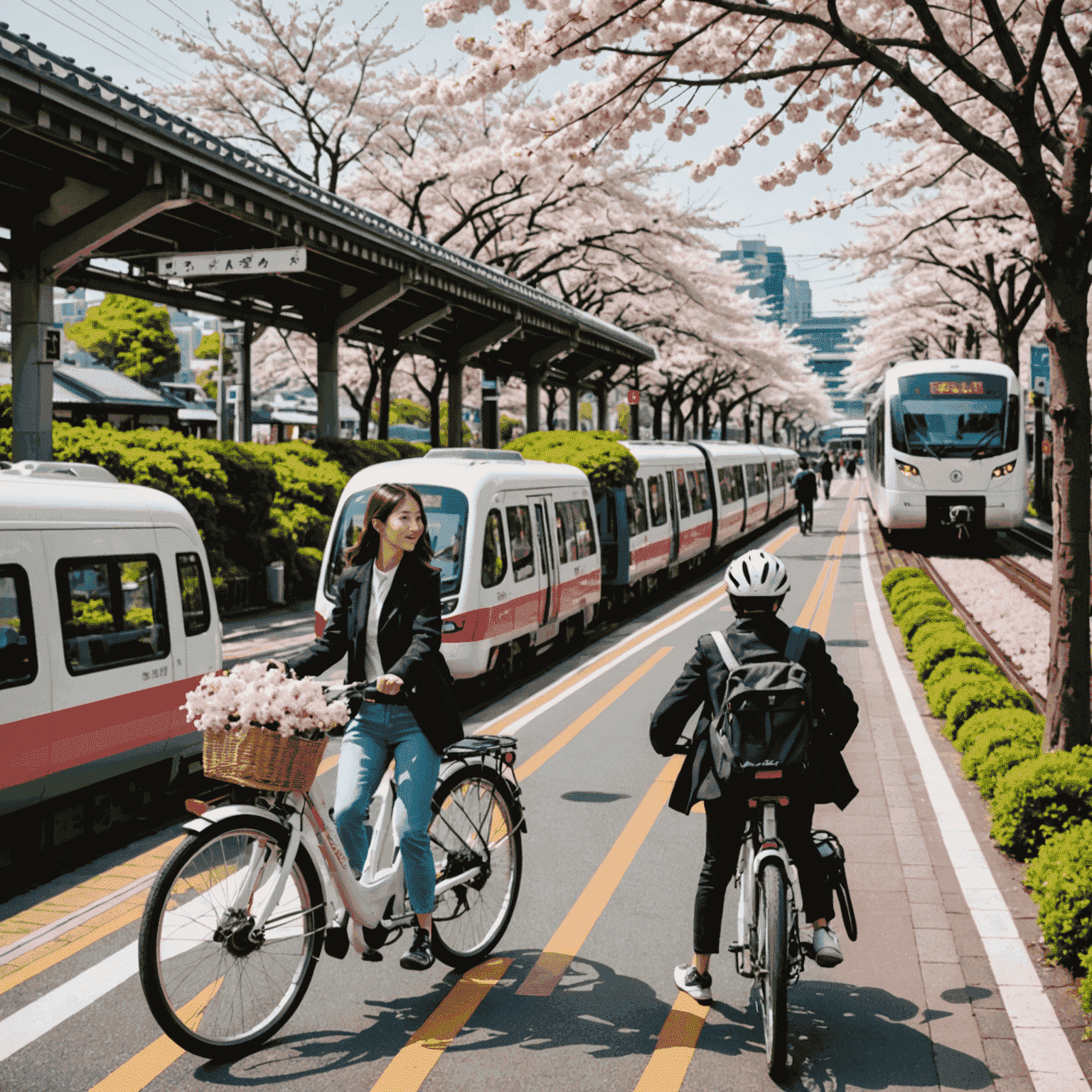 Collage of eco-friendly commuting options in Japan: electric bikes, train station, carpooling, and walking paths with cherry blossoms