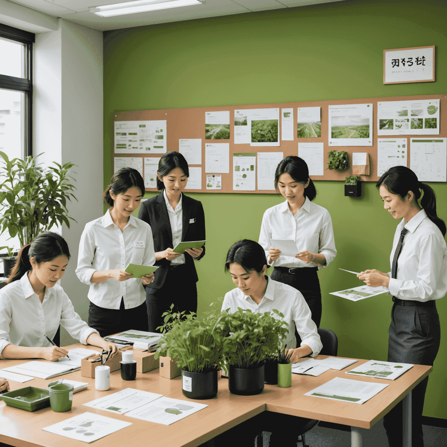 Japanese office team engaged in an eco-friendly workshop, with a green wall, reusable items, and sustainability posters visible